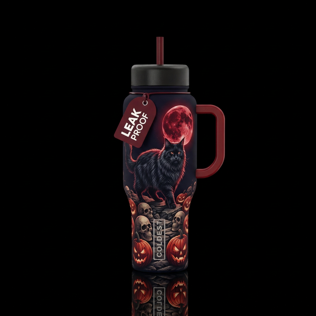Black Maine coon walking across skulls and menacin... water bottle design