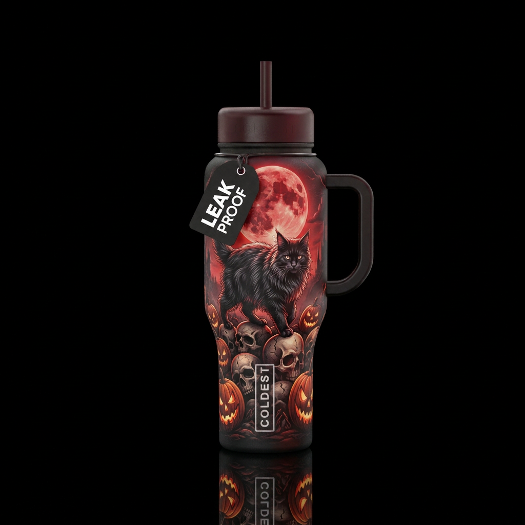 Black Maine coon walking across skulls and menacin... water bottle design
