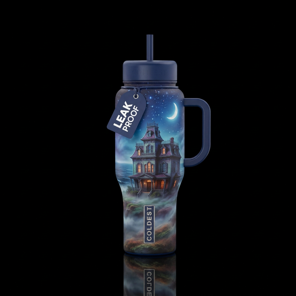Gothic 3 story home with widow’s walk, fog hoverin... water bottle design