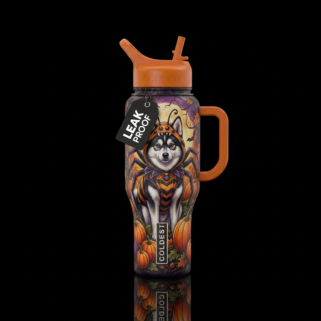Alaskan Klee Kai wearing a spider costume in a pum... water bottle design