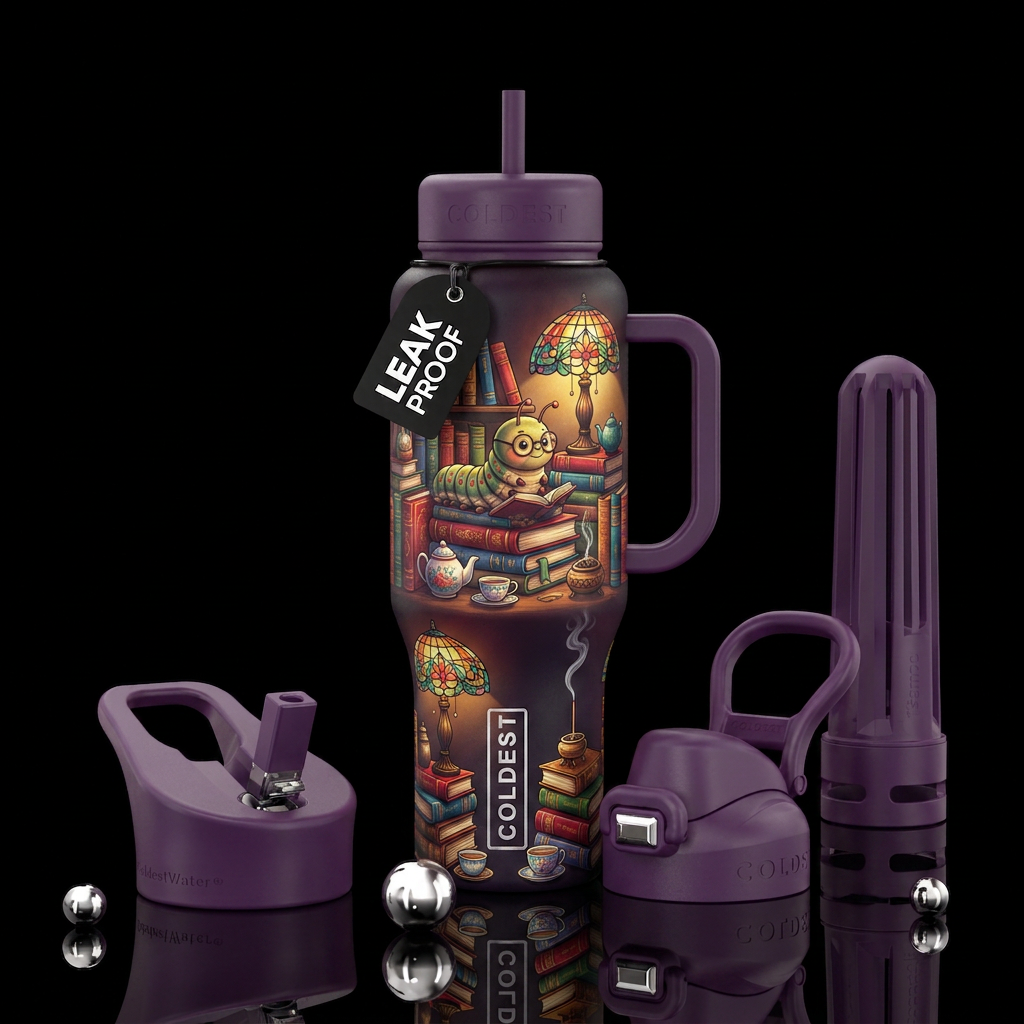 Book worm water bottle design