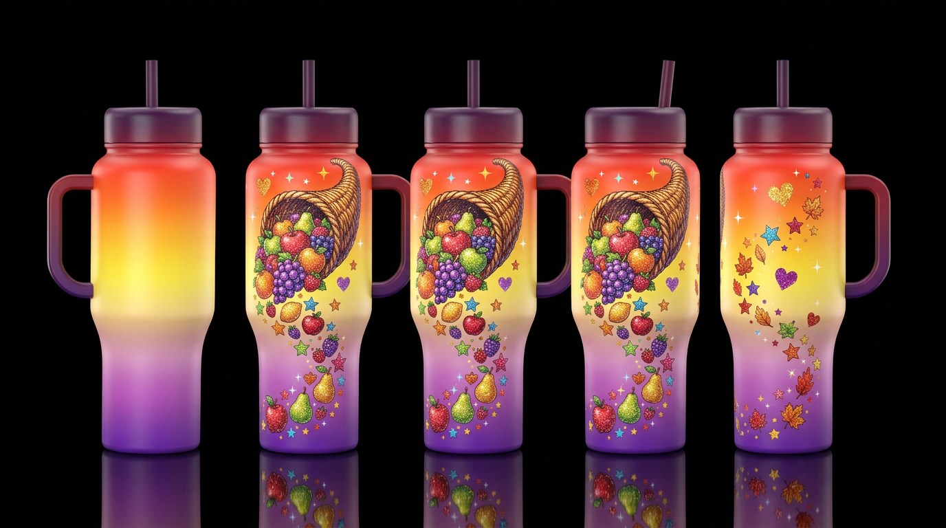 A cornucopia pouring glittery fruit and stars down... water bottle design