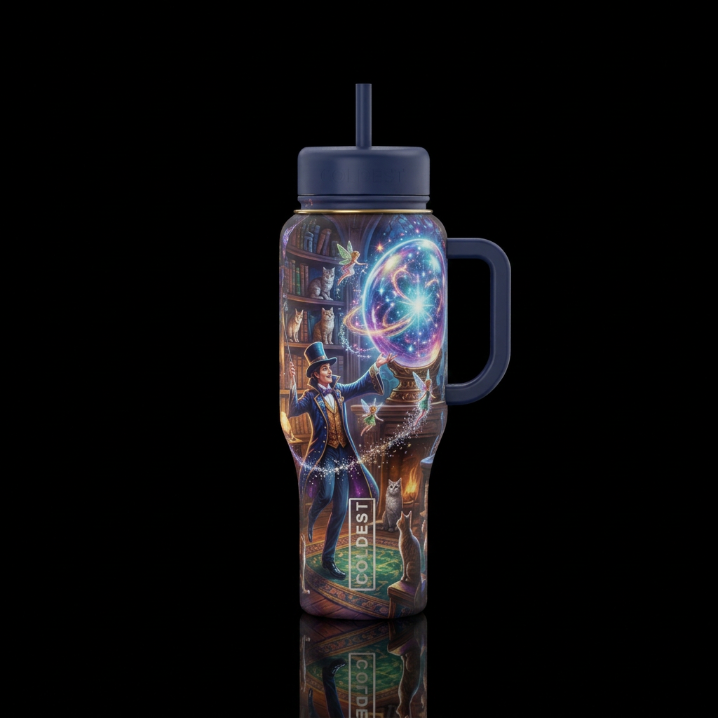 Dancing magician in a room with a giant glowing an... water bottle design