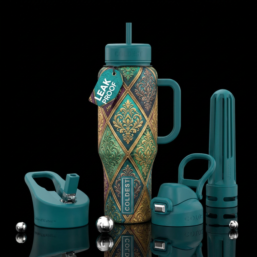 Diamonds, damask, mixed media water bottle design