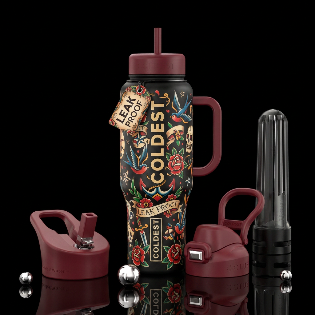 Old school tattoo style water bottle design