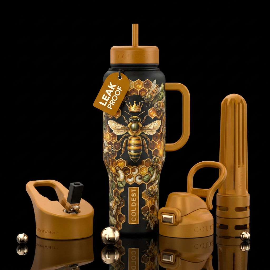 Honey bee hive print queen bee water bottle design