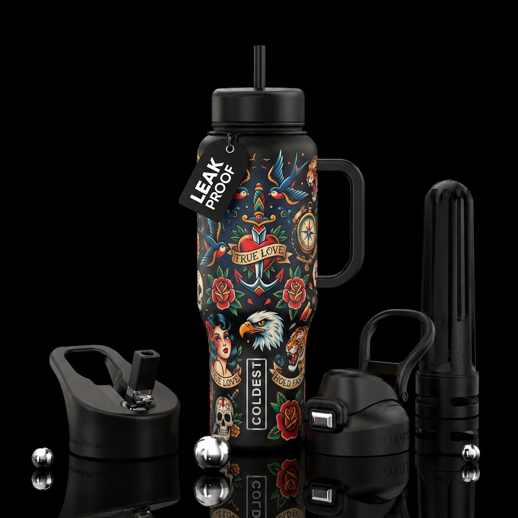 Old school tattoo print, water bottle design