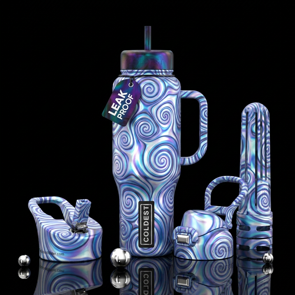 Iridescent Spirals water bottle design