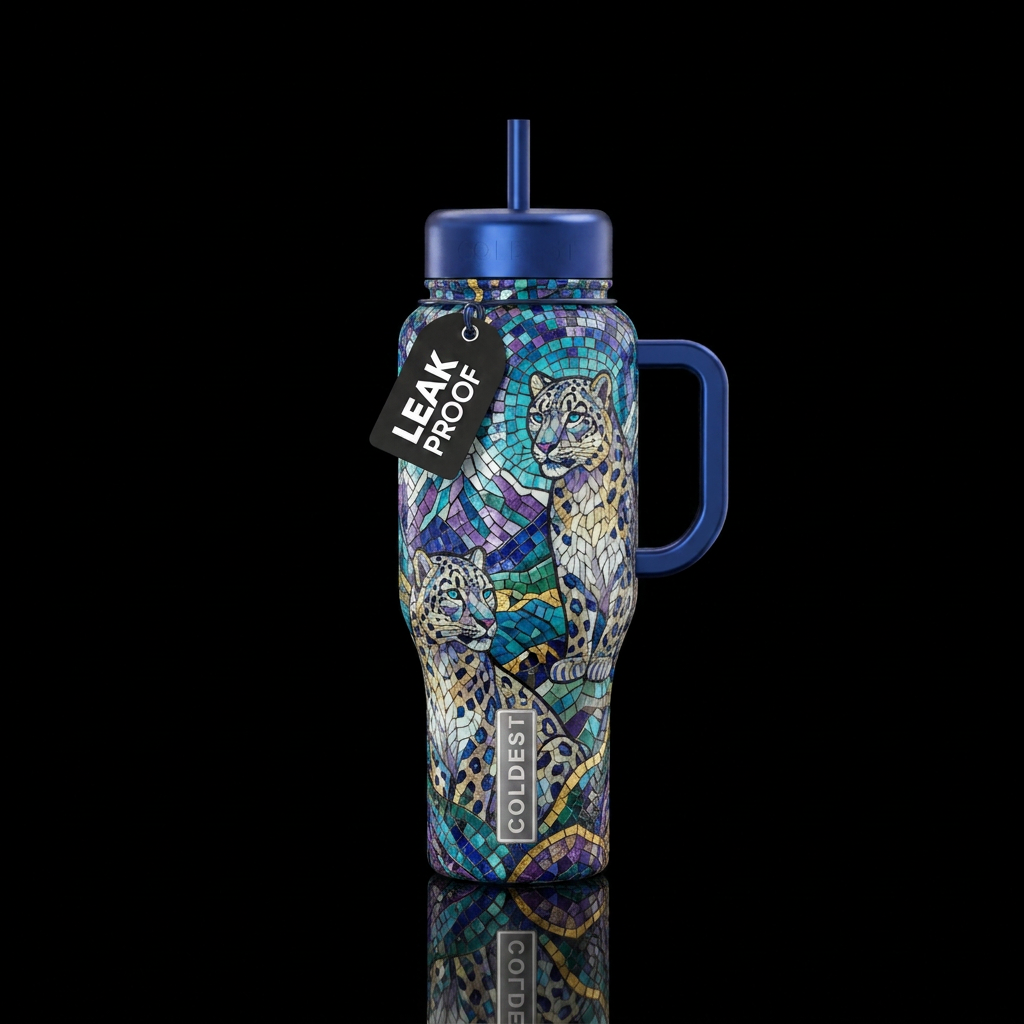 Mosaic Snow Leopards water bottle design