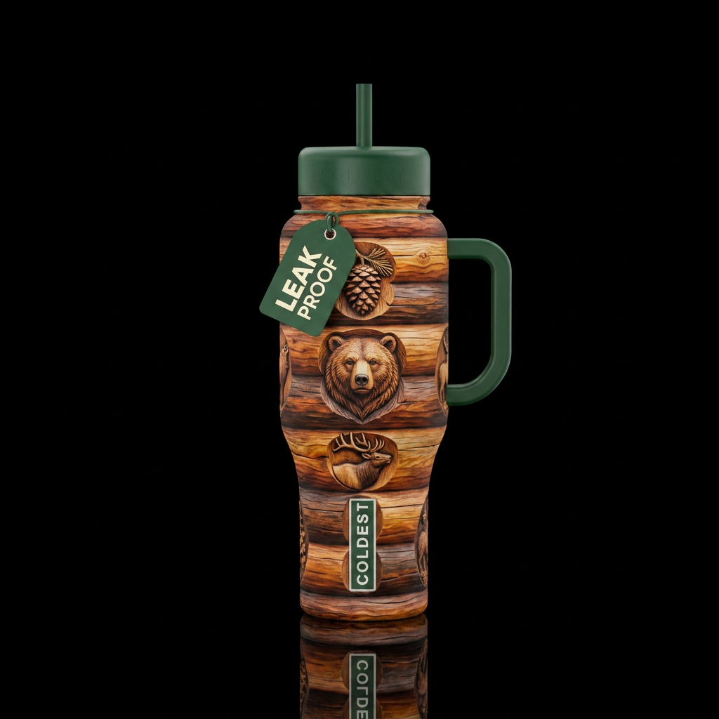 Cabin Carvings water bottle design