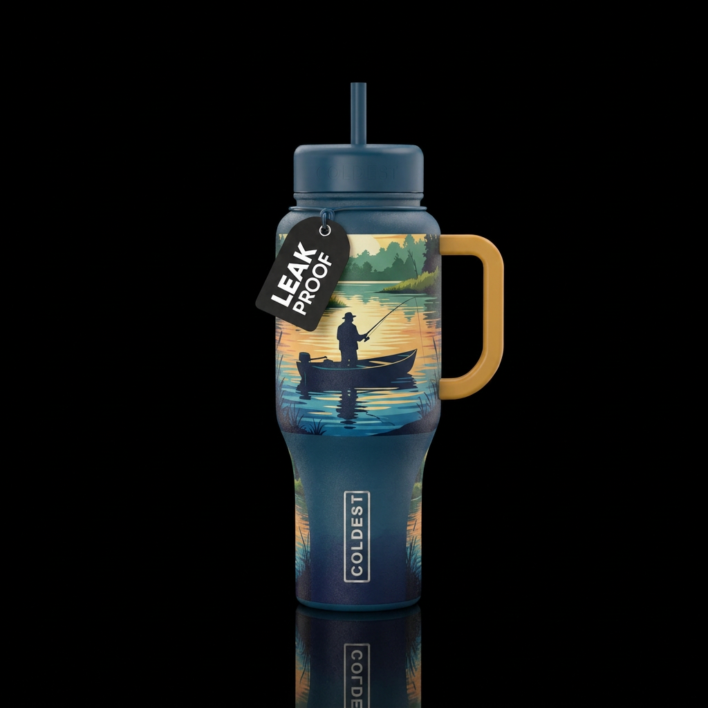 The Lone Fisherman water bottle design