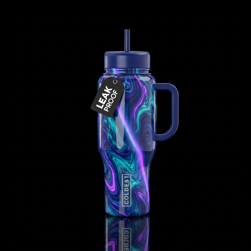 glossy marbled teal royal blue and neon purple cat... water bottle design