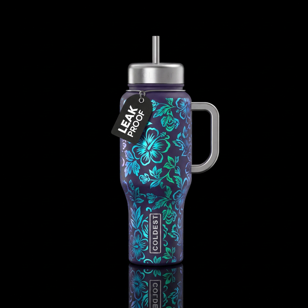 Holographic Hibiscus water bottle design