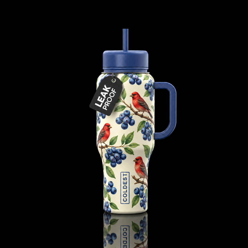 Red Finches And Blue Berries water bottle design