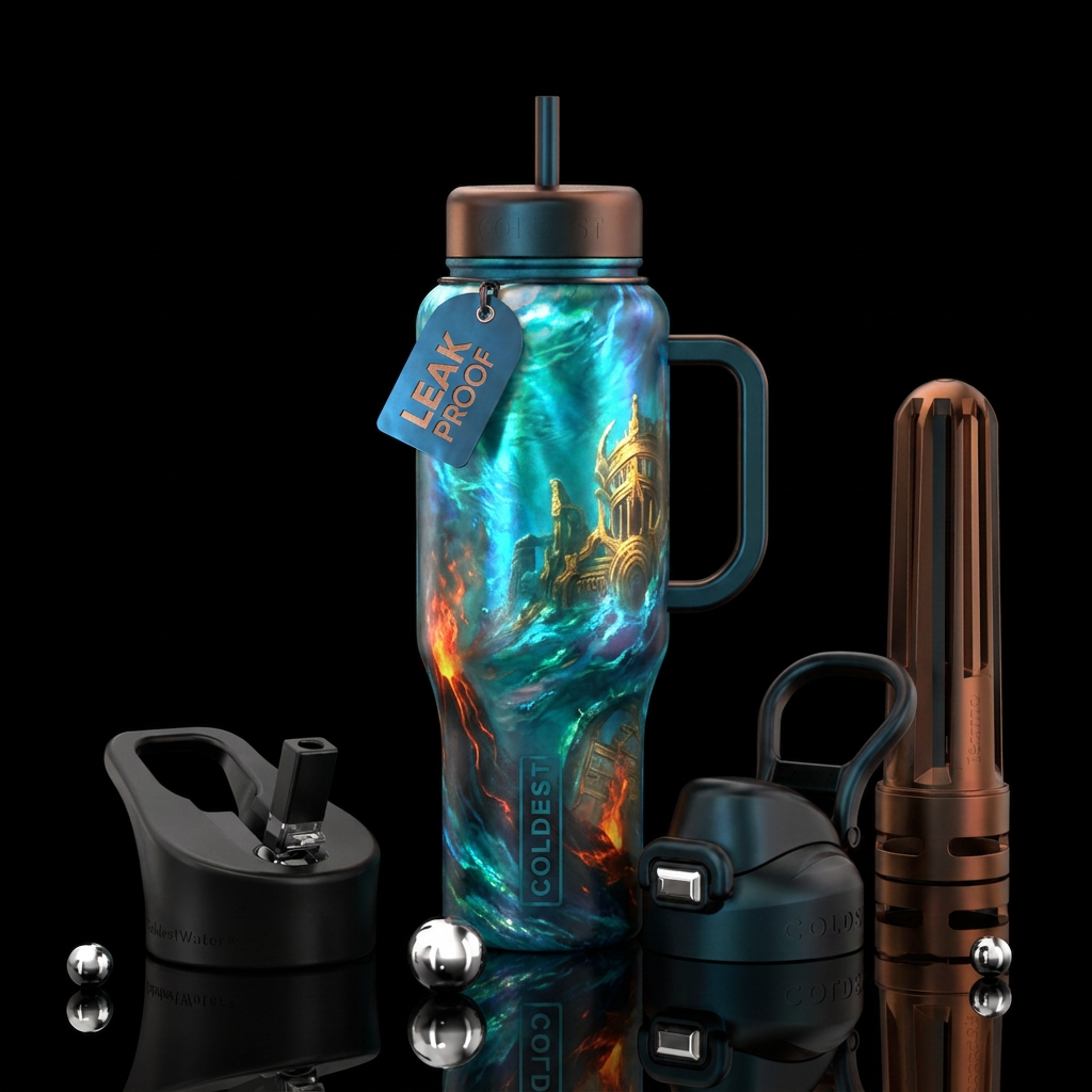 atlantis, magical, vibrant, firery, ocean water bottle design