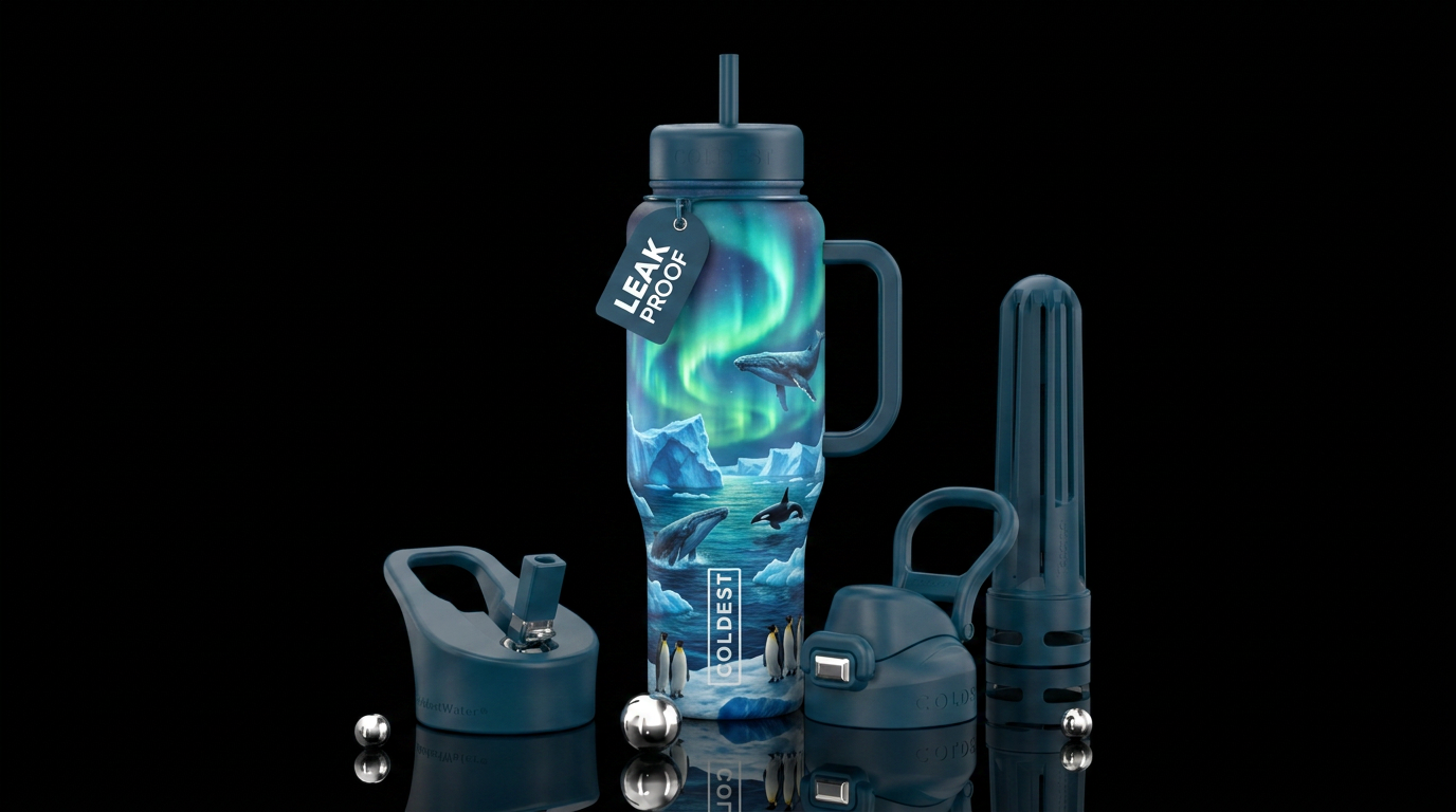 Antarctic southern lights, whales, penguins, ice b... water bottle design