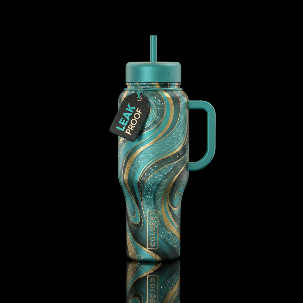 Teal, gold, sparkly, shiny, beautiul, vibrant, mat... water bottle design