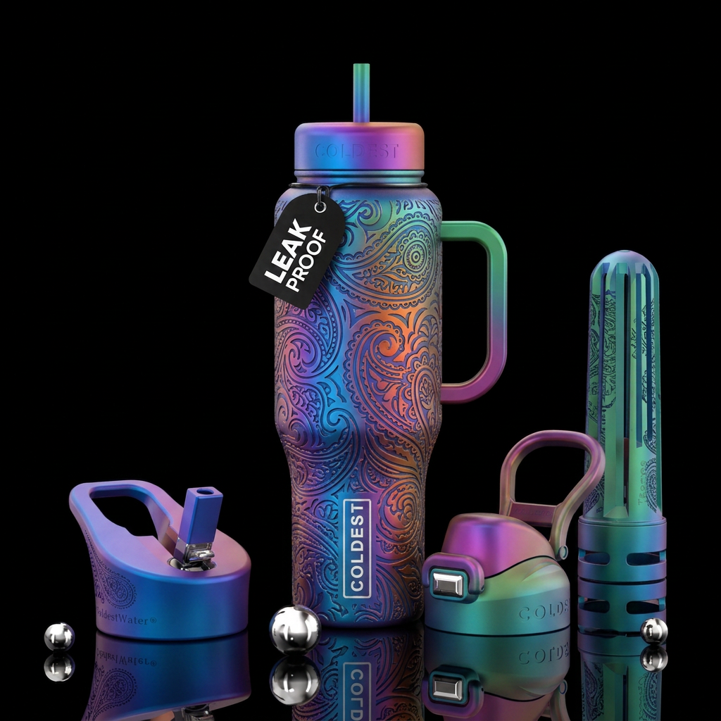 Etched paisley water bottle design