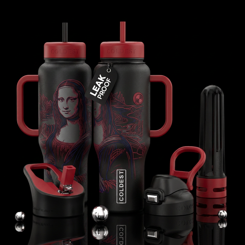 Etch a sketch Mona Lisa water bottle design