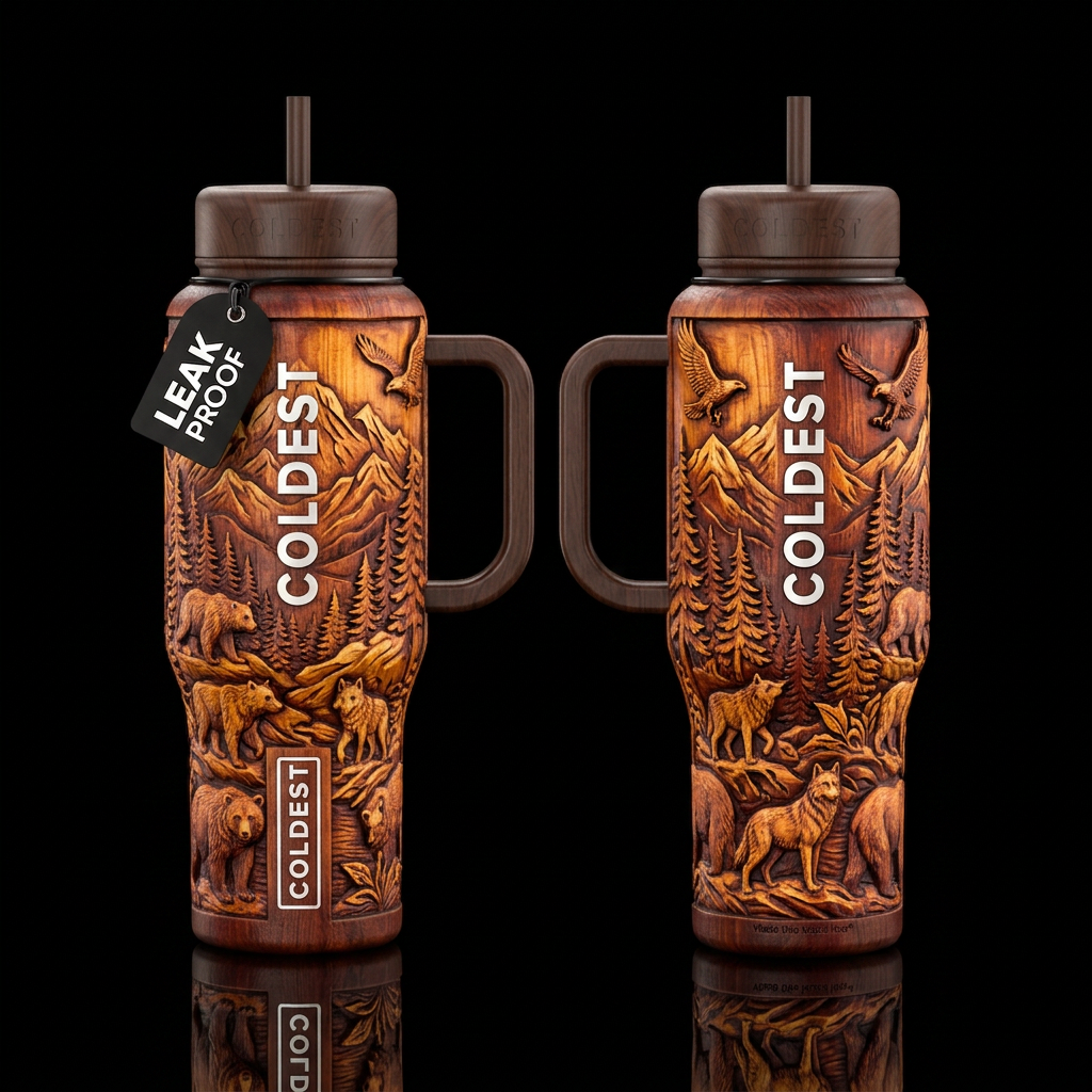 Carved mountain scene water bottle design