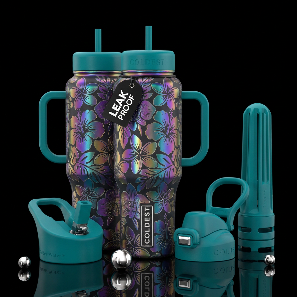 iridescent Hawaiian flowers water bottle design