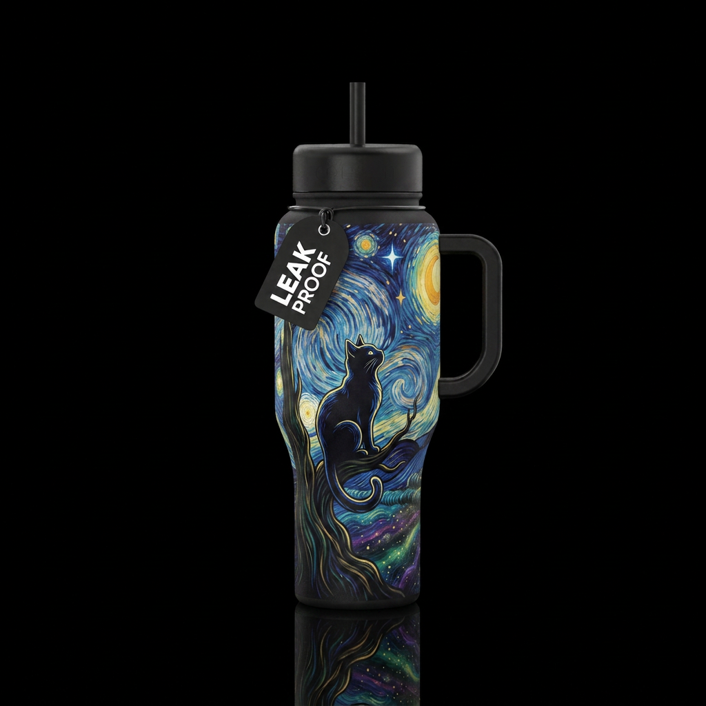 Starry night black cat water bottle design