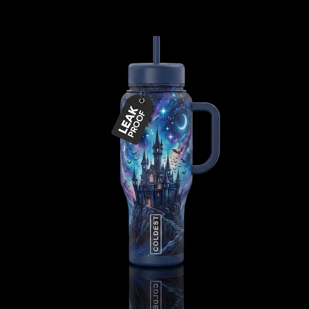 Starry night castle and bats water bottle design