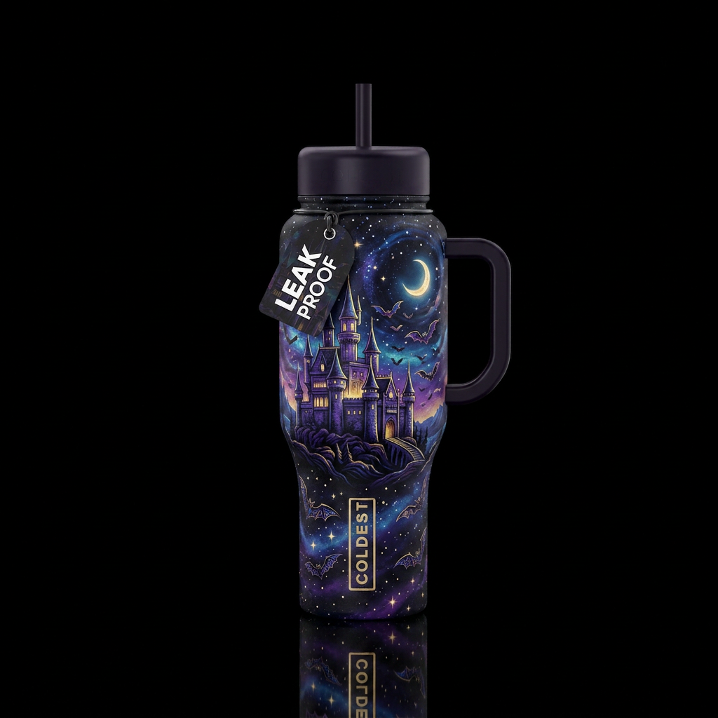 Starry night castle and bats water bottle design