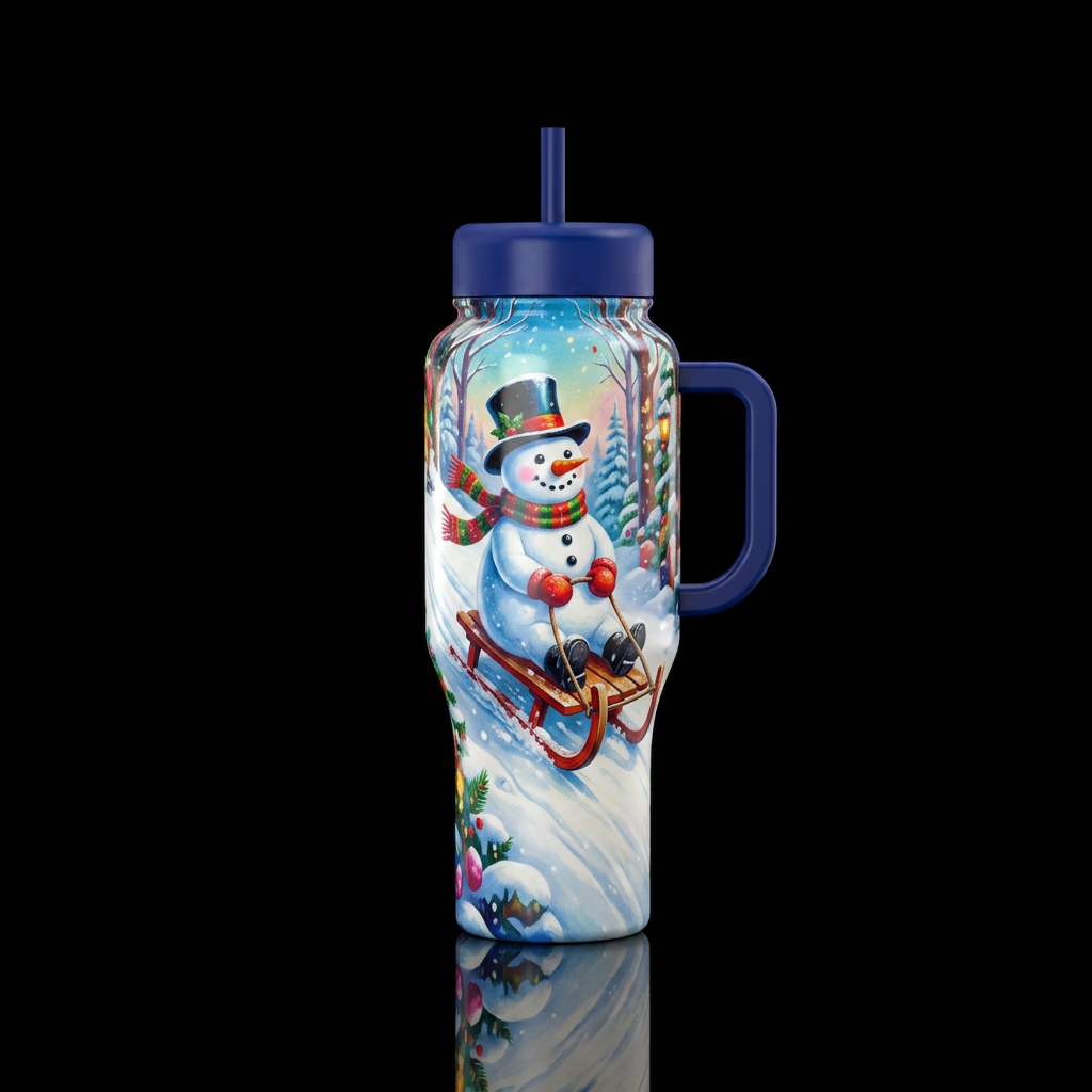 Sledding snowman water bottle design