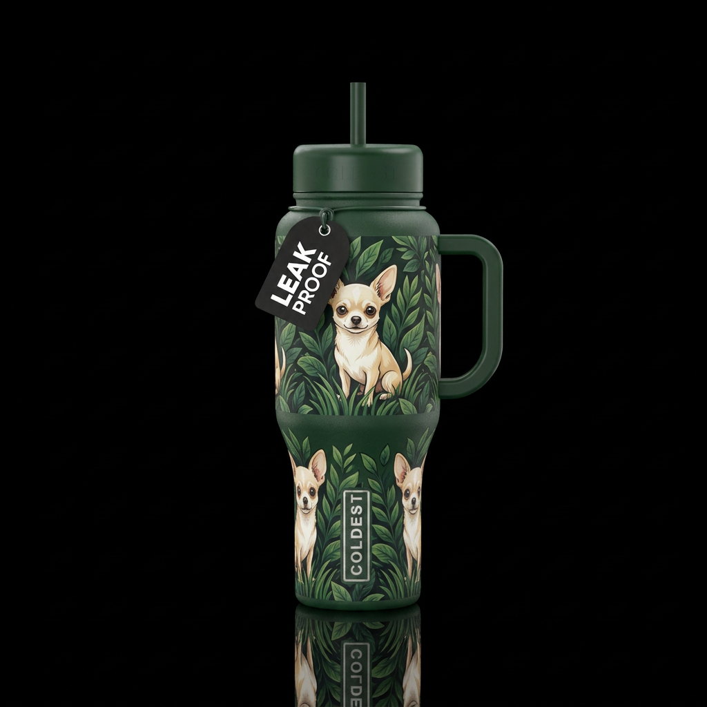 Chihuahua cup beige dog dark green leaves and gras... water bottle design