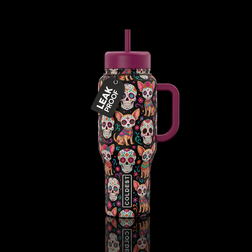Sugar skulls Chihuahuas water bottle design