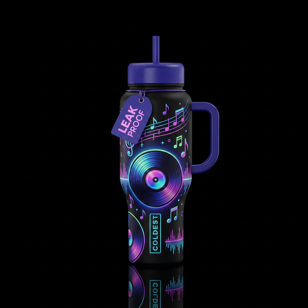 Glowie, Vinyl record, Music Notes, Vibrant water bottle design