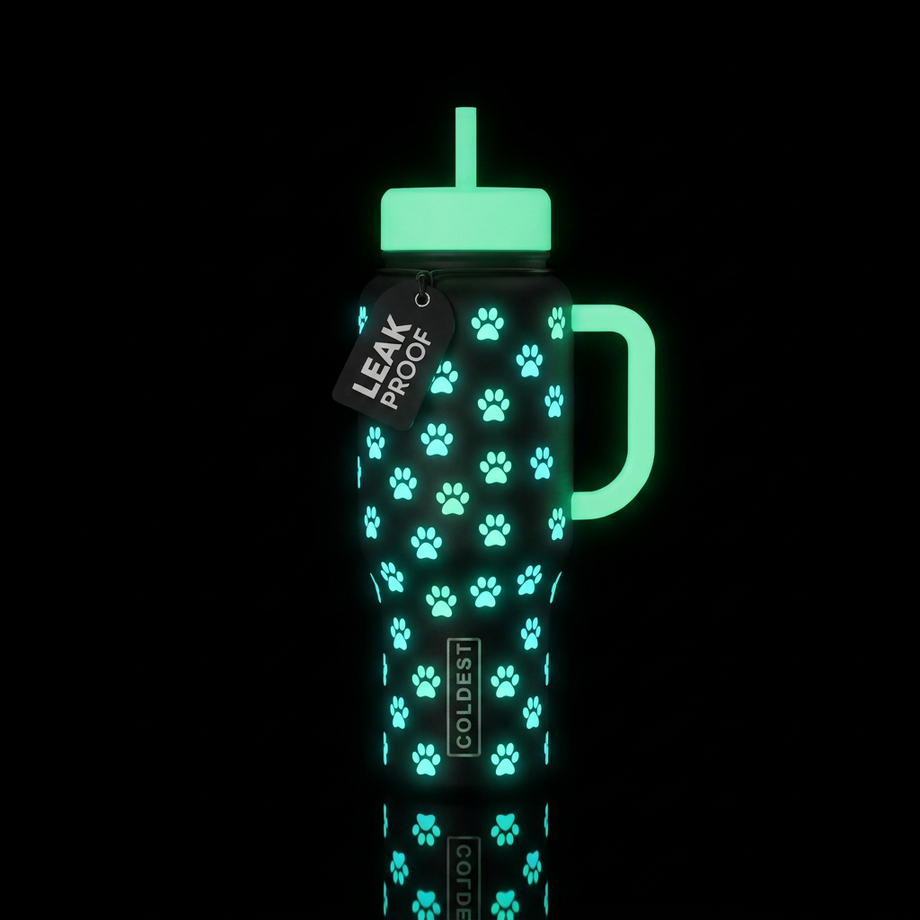 black bottle with cat paw prints that glow in the ... water bottle design