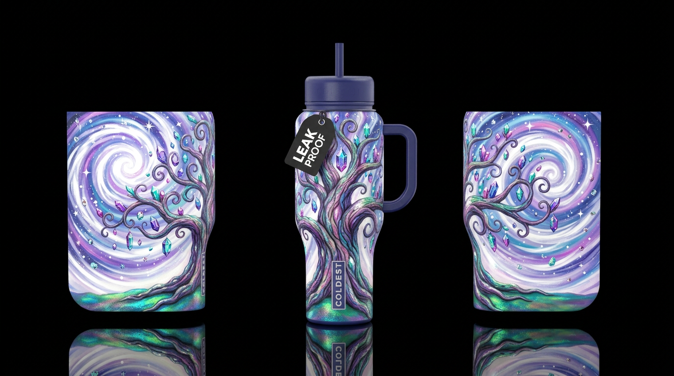 A tree with curly limbs and hanging off of each li... water bottle design