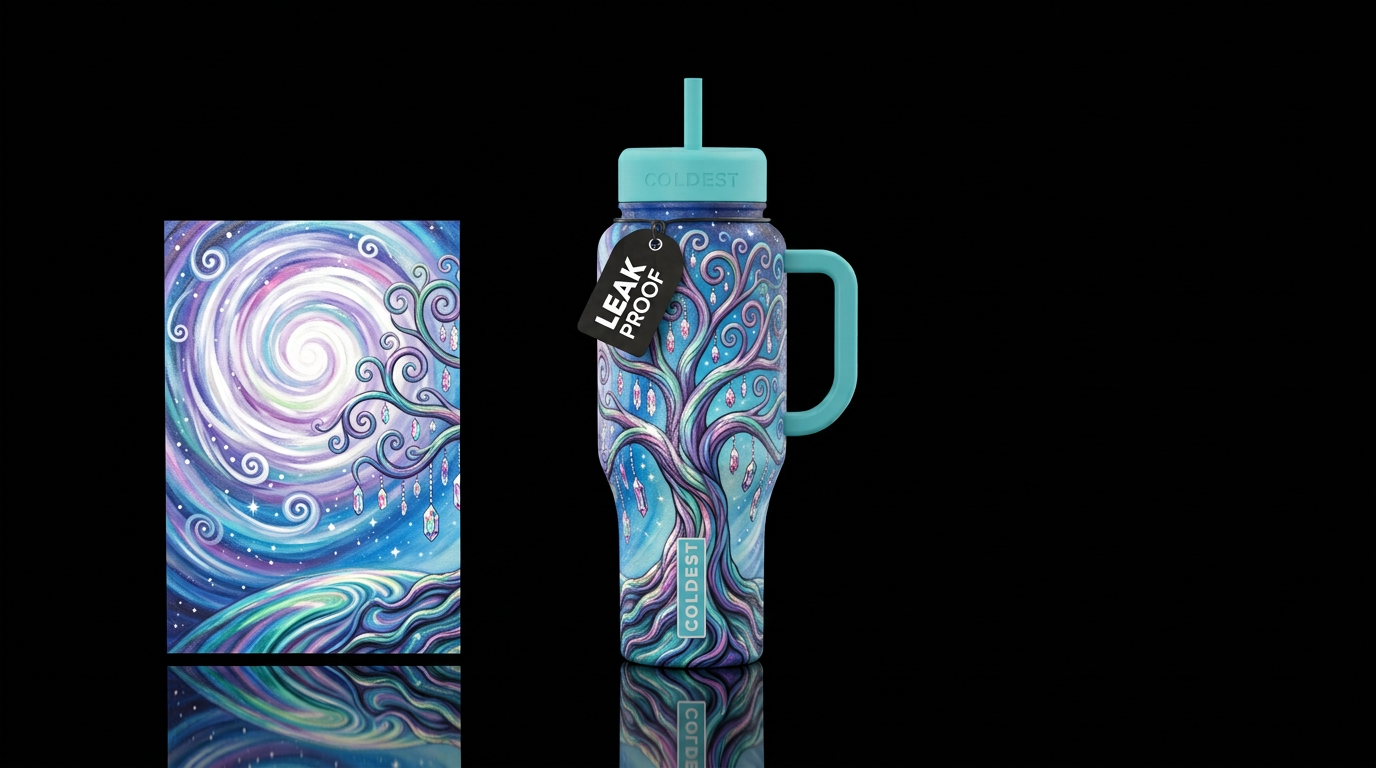 A tree with curly limbs and hanging off of each li... water bottle design