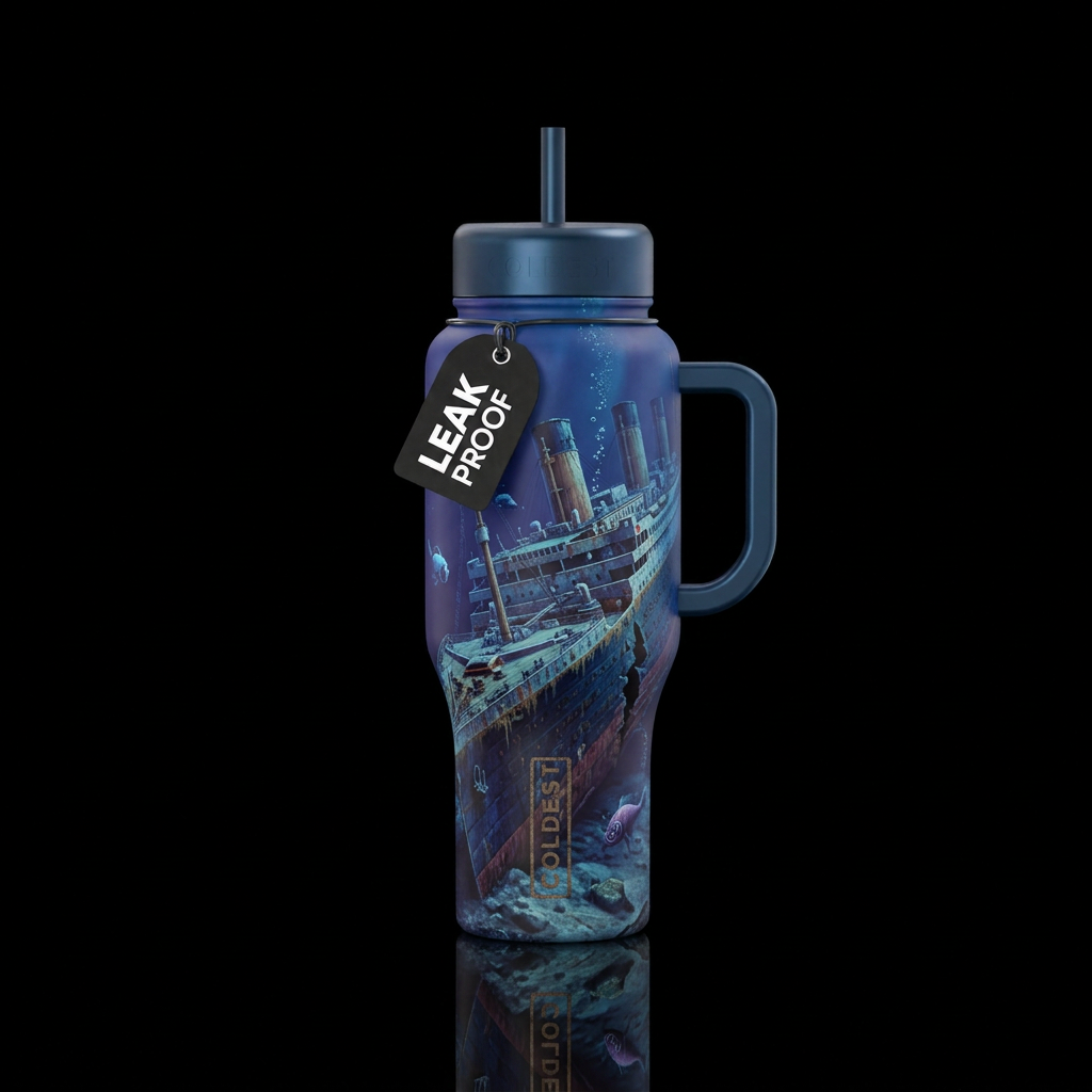 I want you to show me how the Titanic would look u... water bottle design