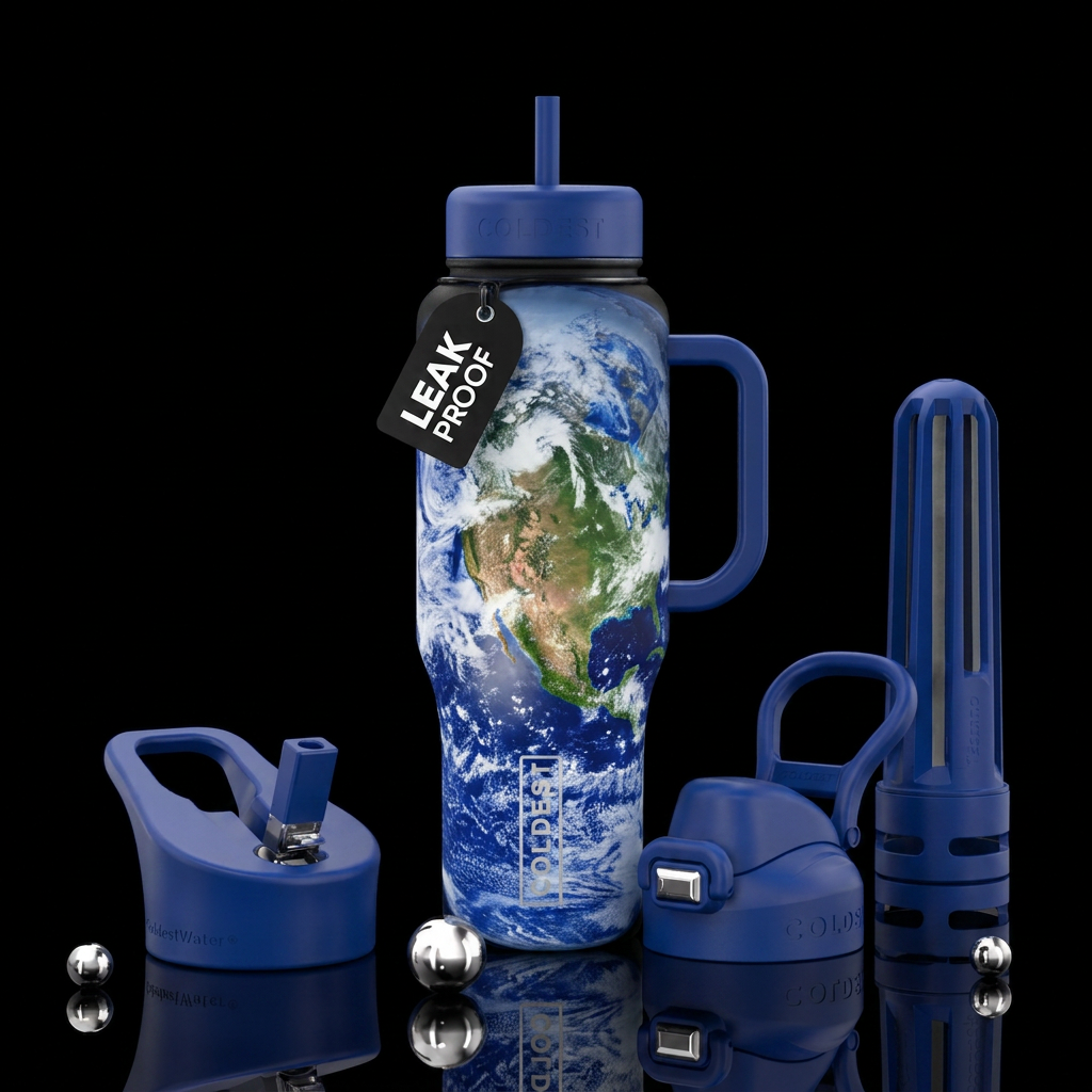 Earth from space water bottle design