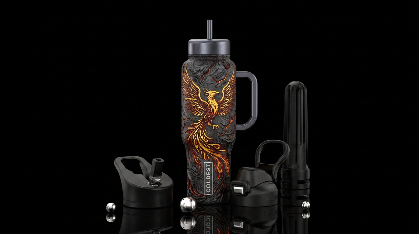 Phoenixin flight etched on ash and lava water bottle design