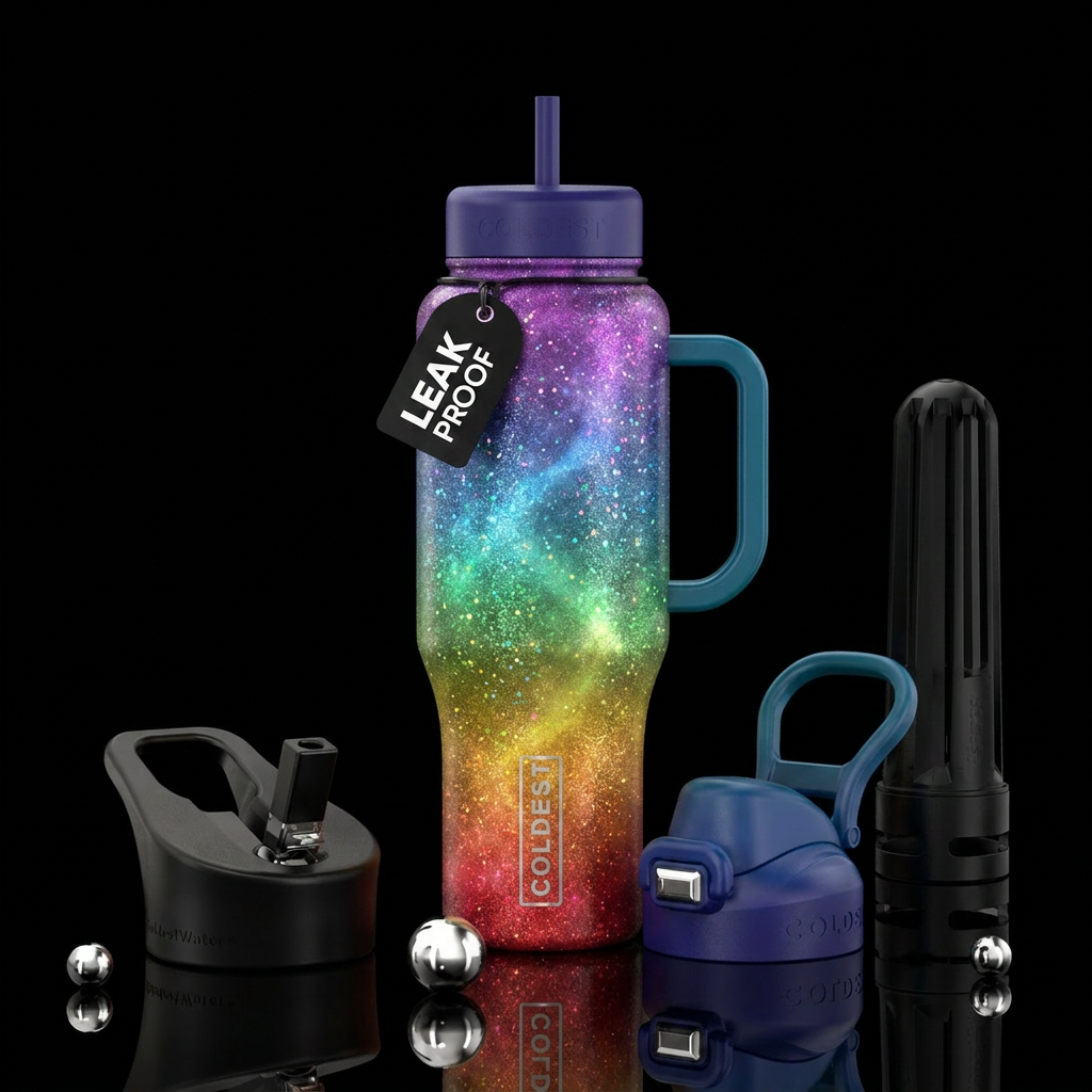 Rainbow glitter haze ombre water bottle design