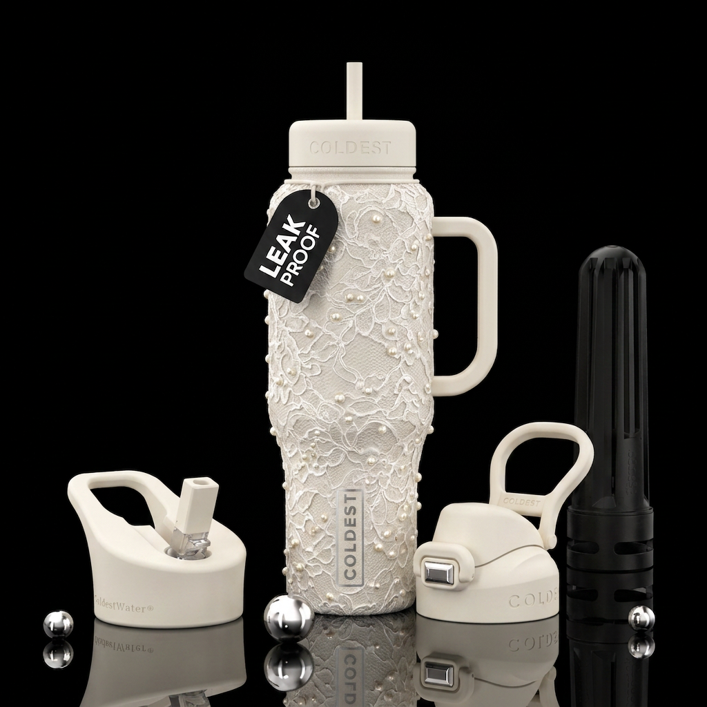 Bridal lace and tiny pearls water bottle design