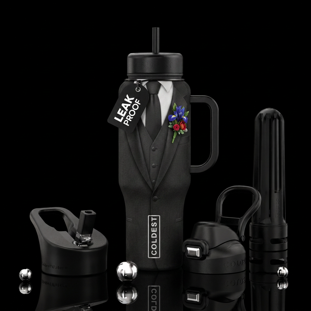 Grooms black tux water bottle design