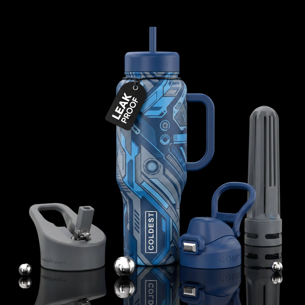 Masculine print blue and gray water bottle design