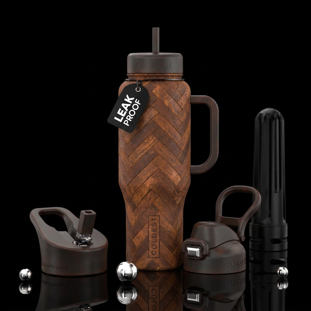Rust on large herringbone water bottle design