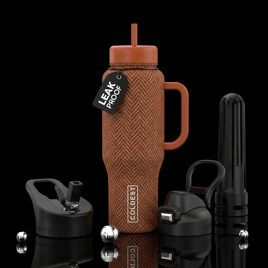Burnt orange and charcoal extra large herringbone water bottle design