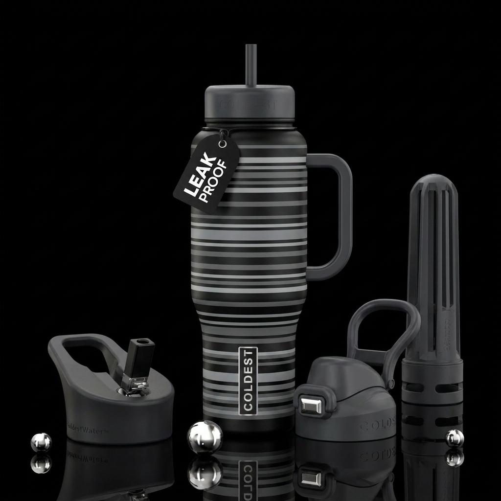 Varying thickness horizontal black and gray stripe... water bottle design