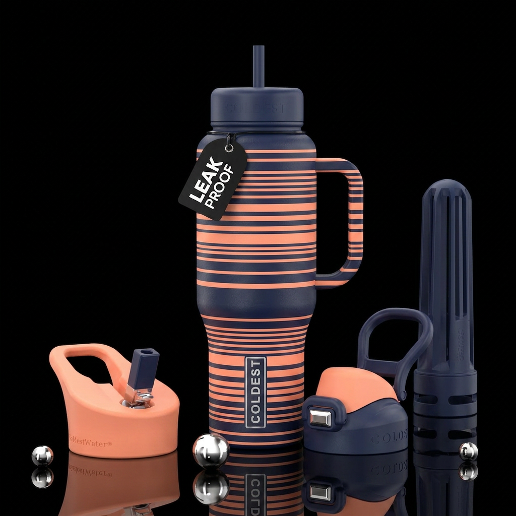 Varying thickness thin horizontal navy and peach  ... water bottle design