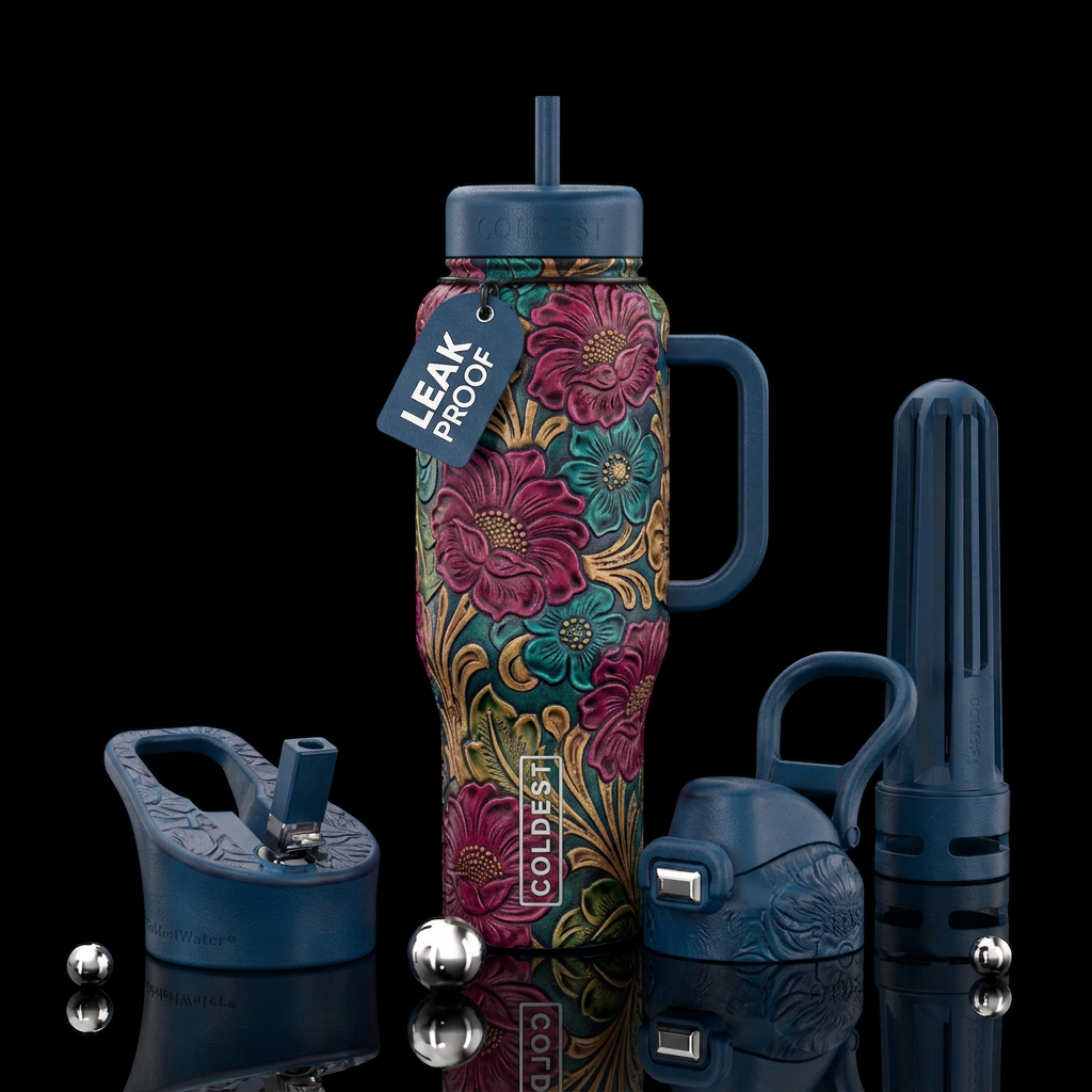 Flower embossed leather water bottle design