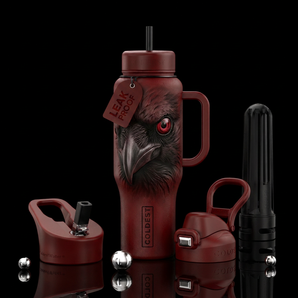 Spooky close up on a black ravens face staring str... water bottle design