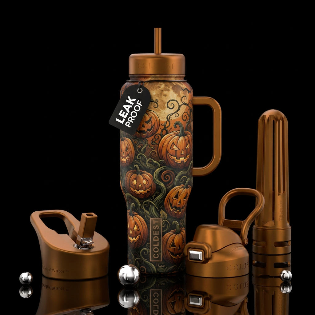 Realistic spooky pumpkin patch water bottle design