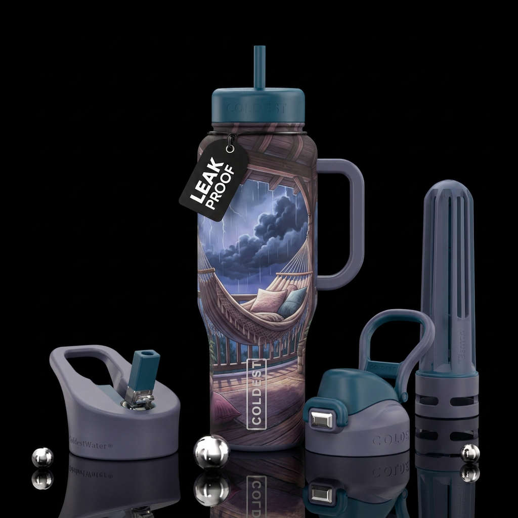 Dreamy romantic hammock on veranda soft storming o... water bottle design